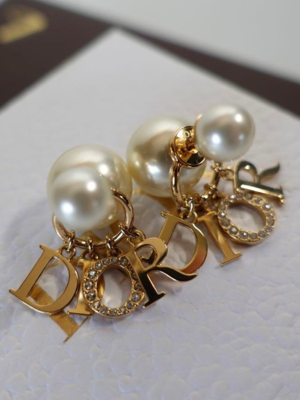 Christian Dior Tribales Crystal Drop Charms and Pearls Gold Tone Stud Earrings
